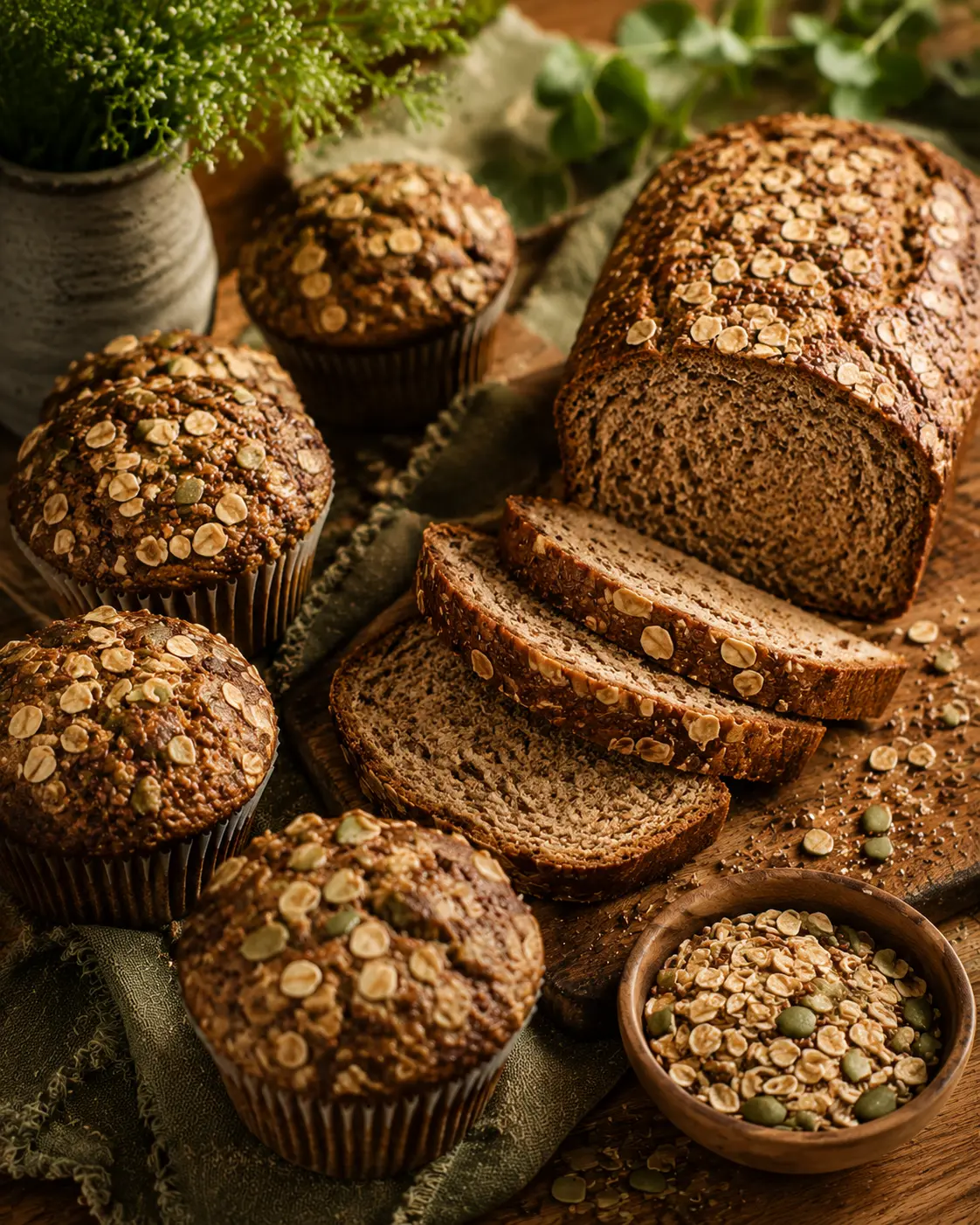 Whole-grain loaf and oat-topped muffins