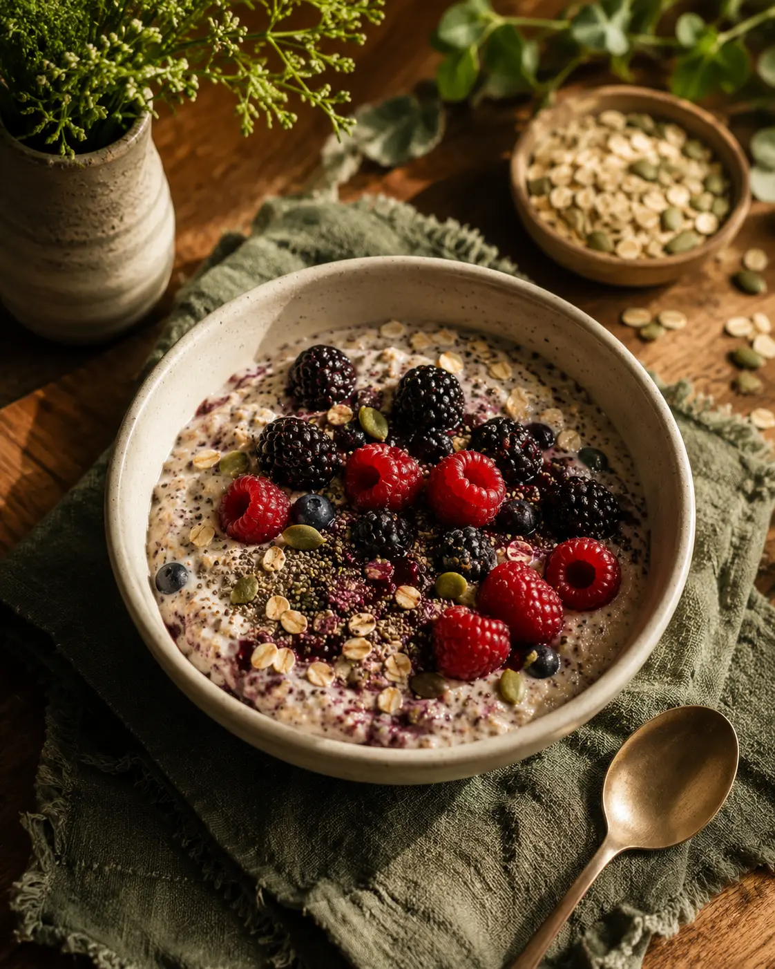 Berry overnight oats on a warm kitchen table