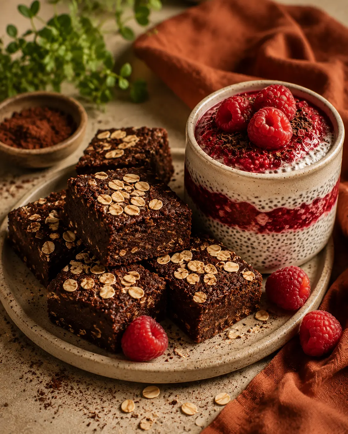 Chocolate oat brownie bites and raspberry chia parfait