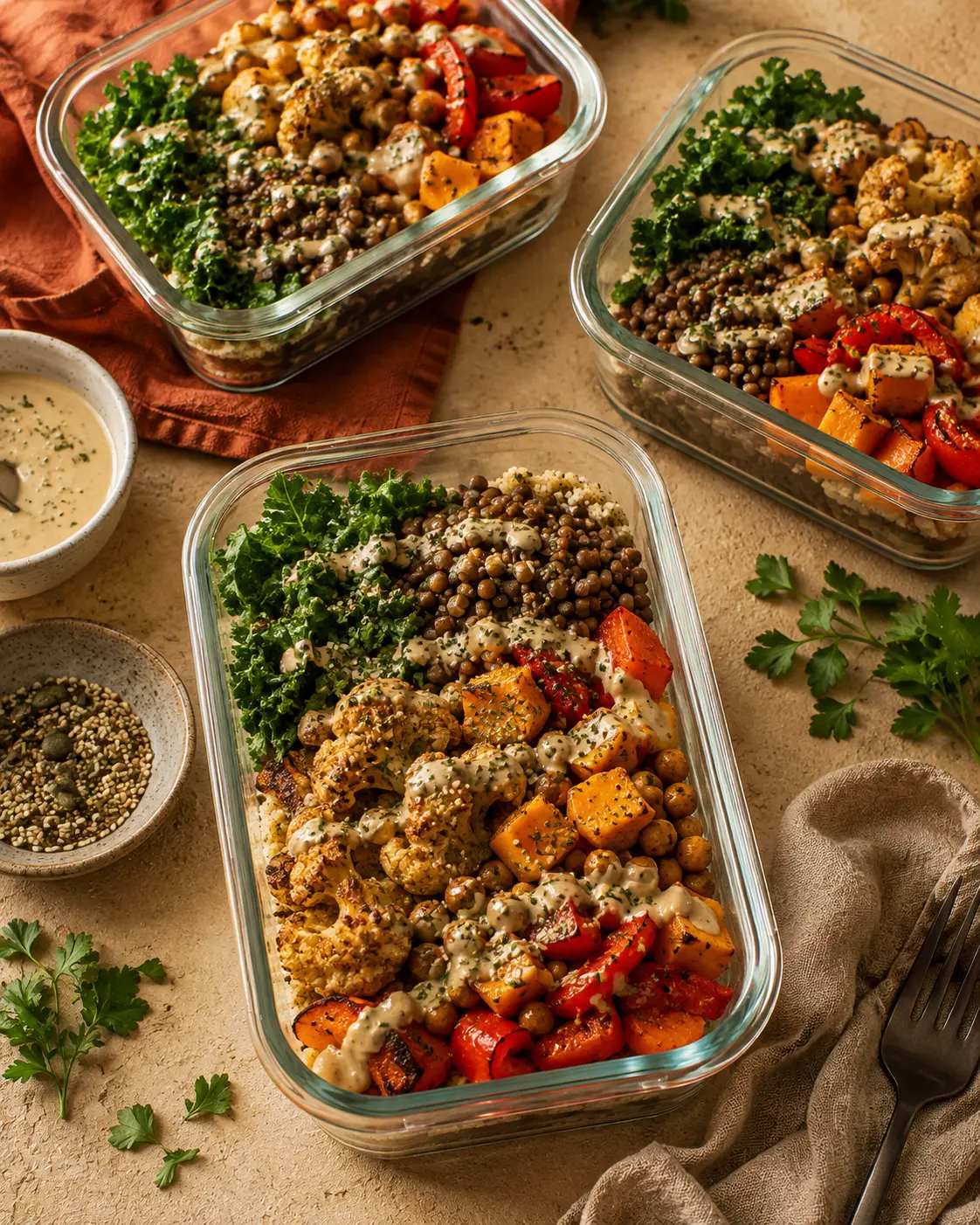 Colorful roasted vegetable and lentil meal-prep bowls
