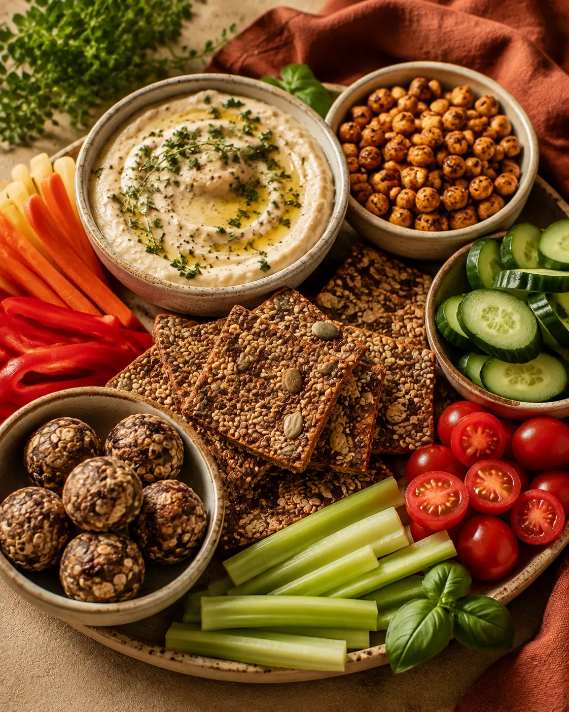 A high-fiber snack spread with chickpeas, seed crackers and vegetables
